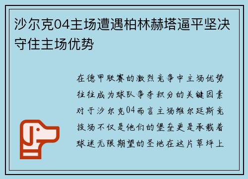 沙尔克04主场遭遇柏林赫塔逼平坚决守住主场优势
