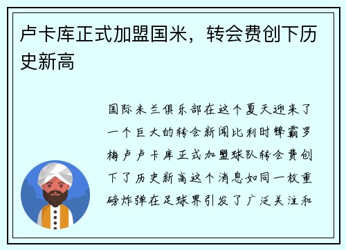 卢卡库正式加盟国米，转会费创下历史新高