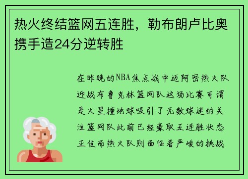热火终结篮网五连胜，勒布朗卢比奥携手造24分逆转胜