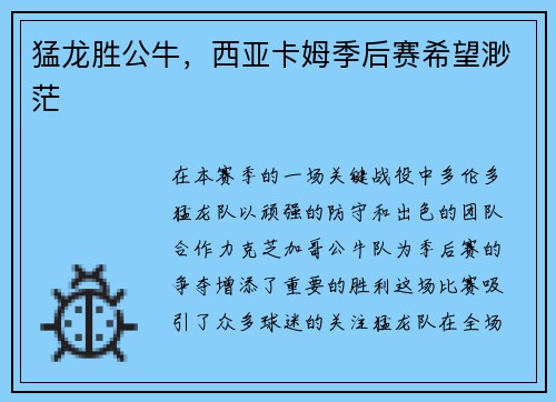 猛龙胜公牛，西亚卡姆季后赛希望渺茫