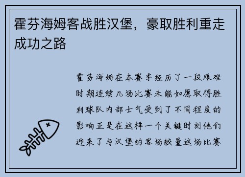 霍芬海姆客战胜汉堡，豪取胜利重走成功之路